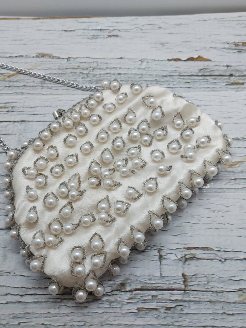 Vintage Hong Kong White Satin Evening Bag Faux Pearls & Silver Beadwork